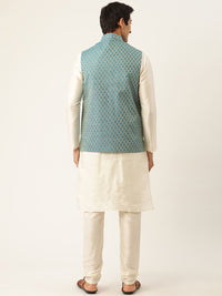 SOJANYA Mandatin Collar Straight Kurta with Churidar With Woven Design Nehru Jacket