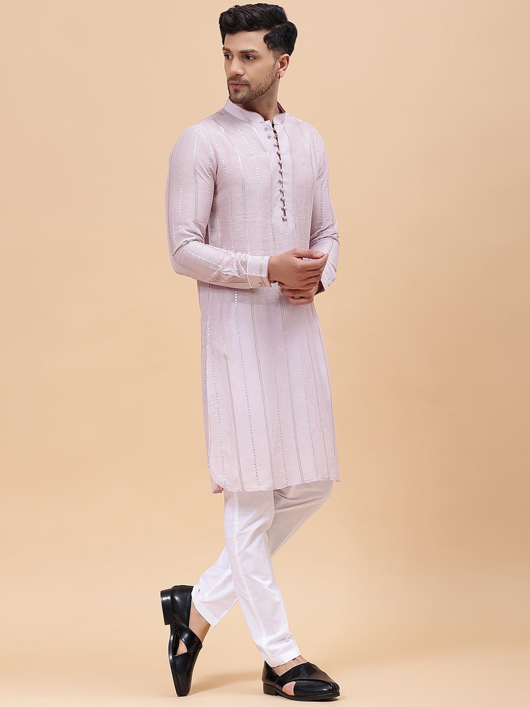 See Designs Floral Embroidered Mirror Work Chanderi Cotton Straight Kurta With Pyjama