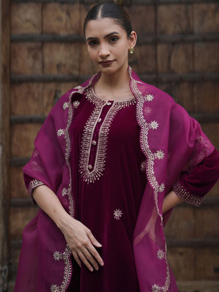 Indo Era Women Ethnic Motifs Embroidered Regular Velvet Kurta with Trousers & With Dupatta