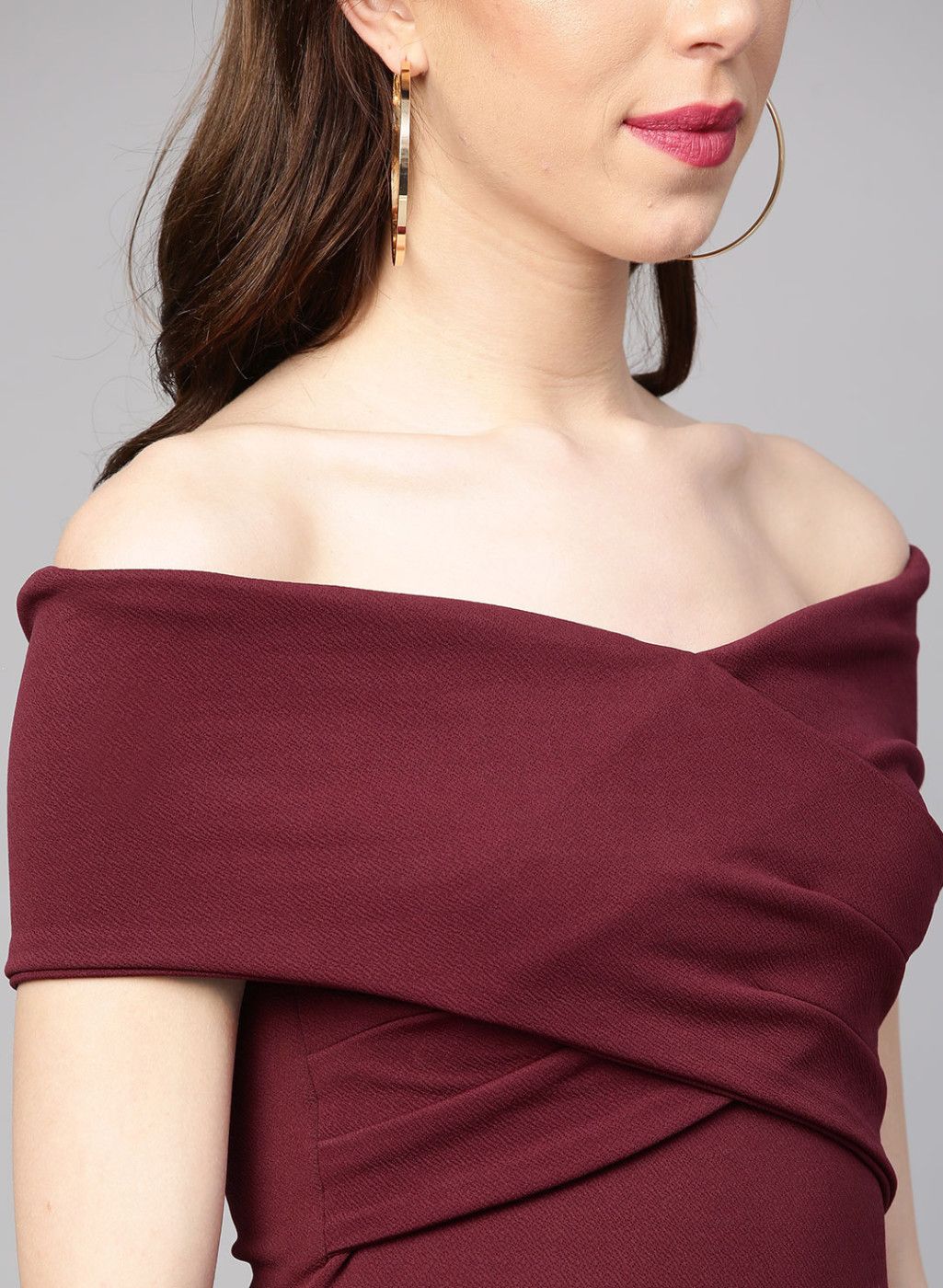 Burgundy Solid Off-Shoulder Fit & Flare Dress
