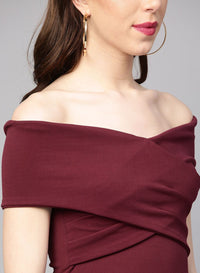 Burgundy Solid Off-Shoulder Fit & Flare Dress