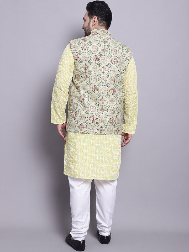 SOJANYA PLUS Plus Size Pure Cotton Straight Kurta With Pyjamas & Printed Nehru Jacket