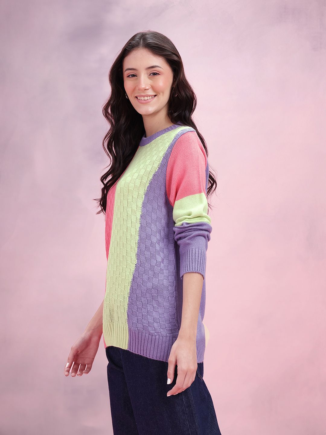 DressBerry Women Self Design Colourblocked Acrylic Pullover