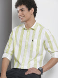 The Indian Garage Co Men White & Green Striped Pure Cotton Casual Shirt
