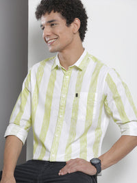 The Indian Garage Co Men White & Green Striped Pure Cotton Casual Shirt