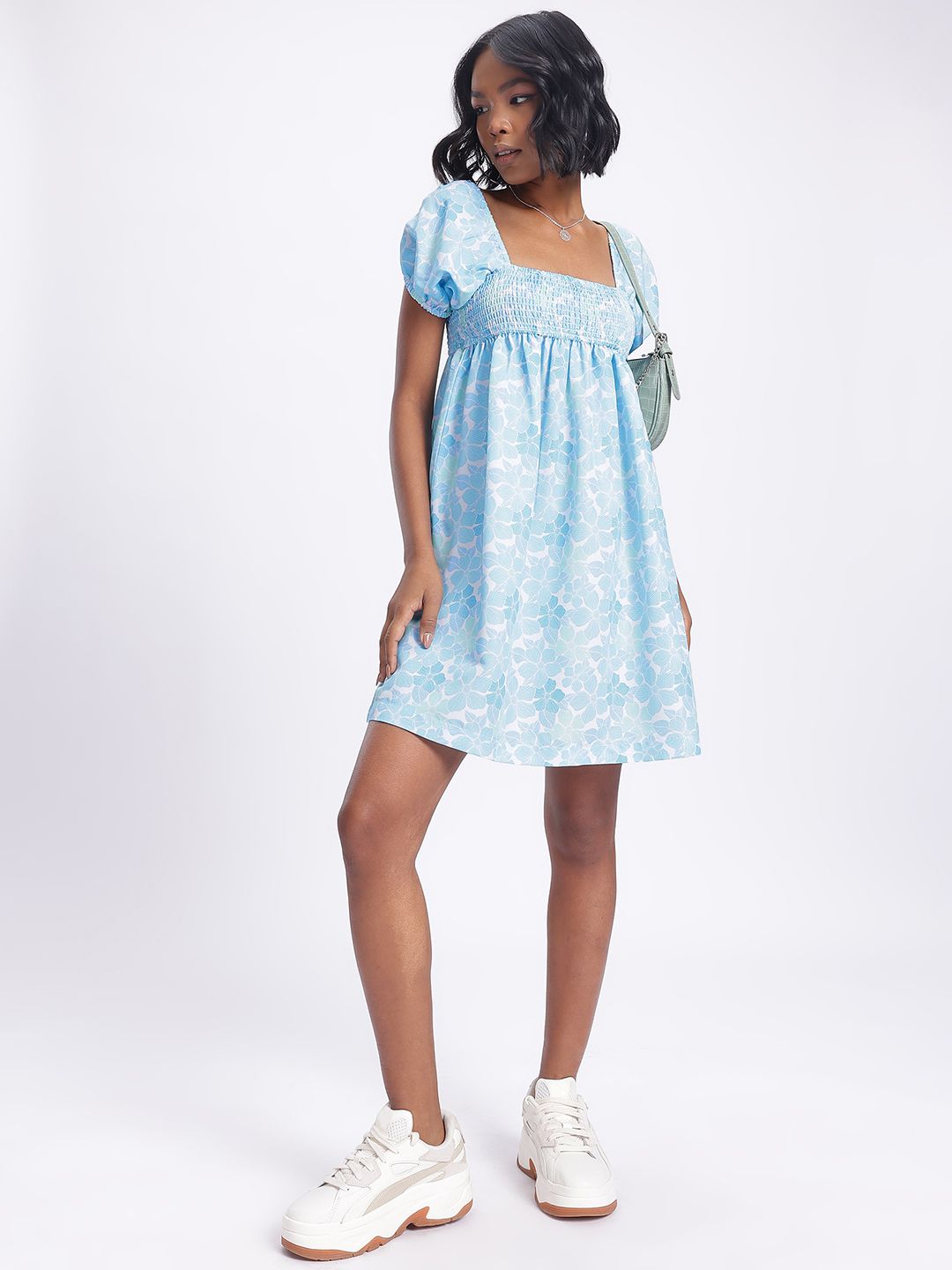 DressBerry Smocked Floral Print Mini A-line Dress