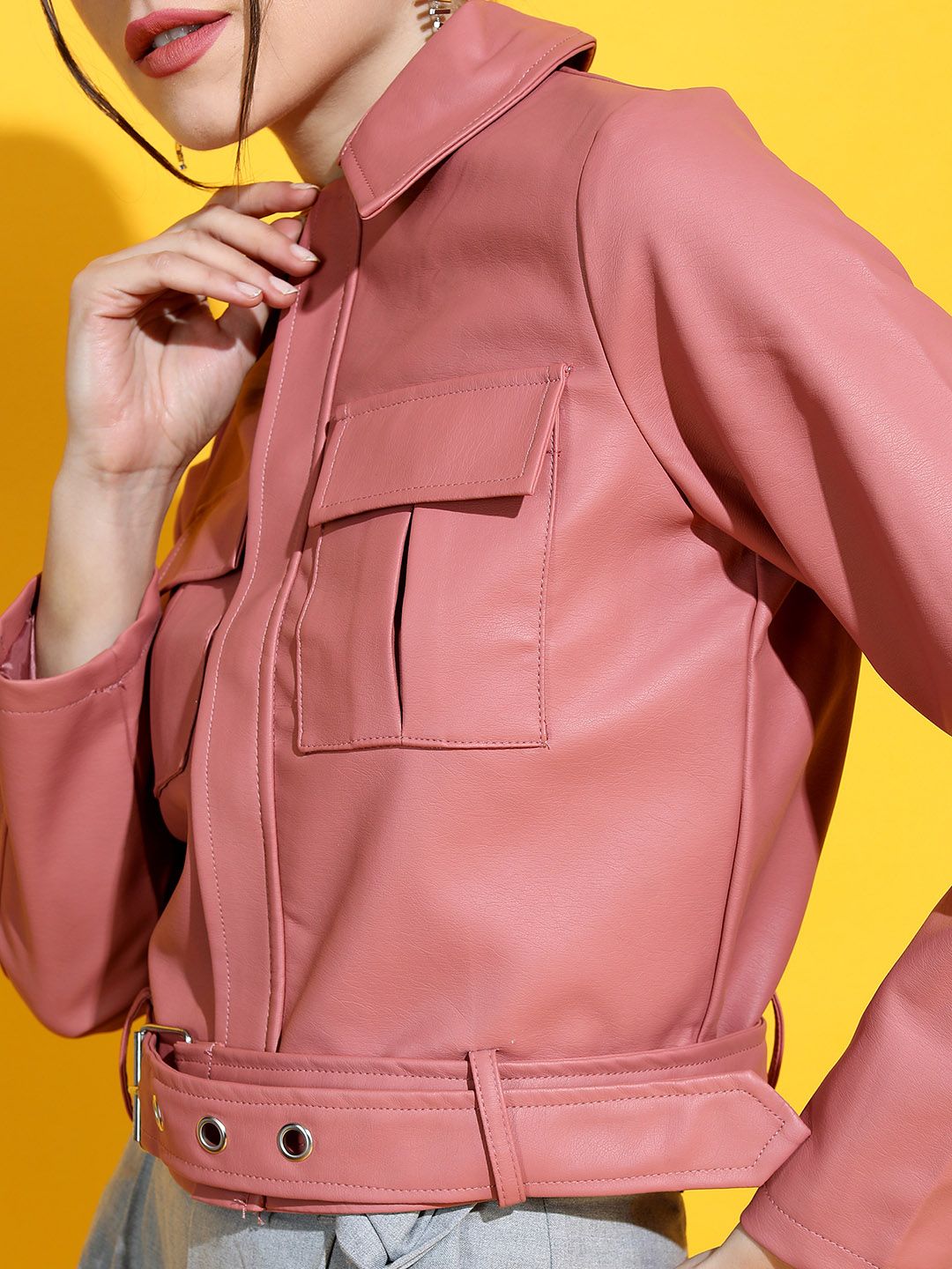 Tokyo Talkies Women Rose Leather Crop Tailored Jacket