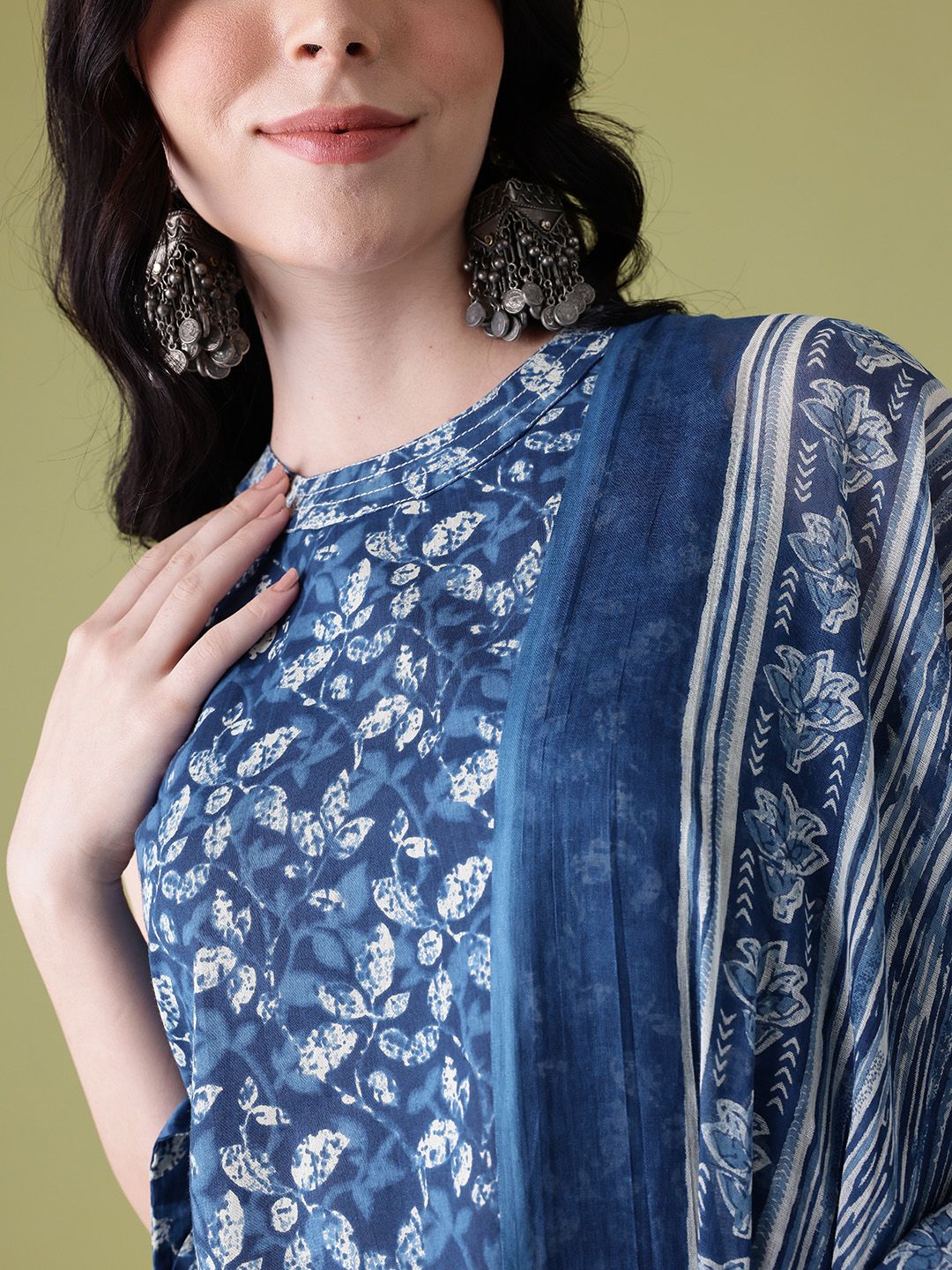 Anouk Floral Printed High Slit Pure Cotton Kurta with Trousers & Dupatta
