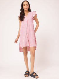 DressBerry Rich Textures Ruffled Trim High Low Striped Shirt Dress