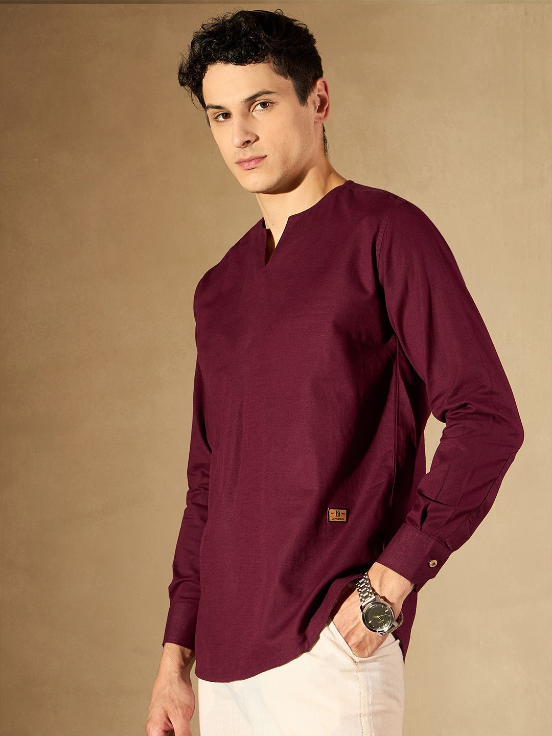DENNISON Men Maroon Solid Straight Pure Cotton Short Kurta