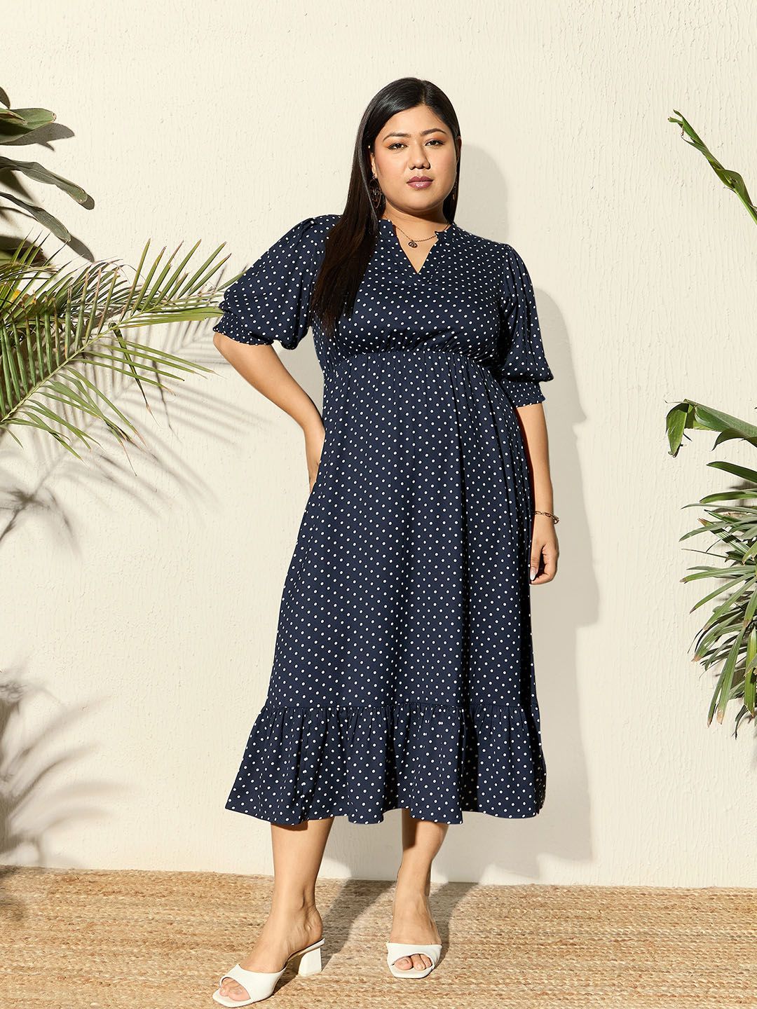 Berrylush Curve Polka Dot Printed A-Line Midi Dress