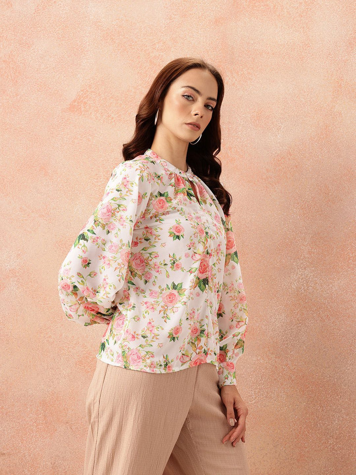 all about you Floral Print Keyhole Neck Puff Sleeves Georgette Semi-Sheer Top