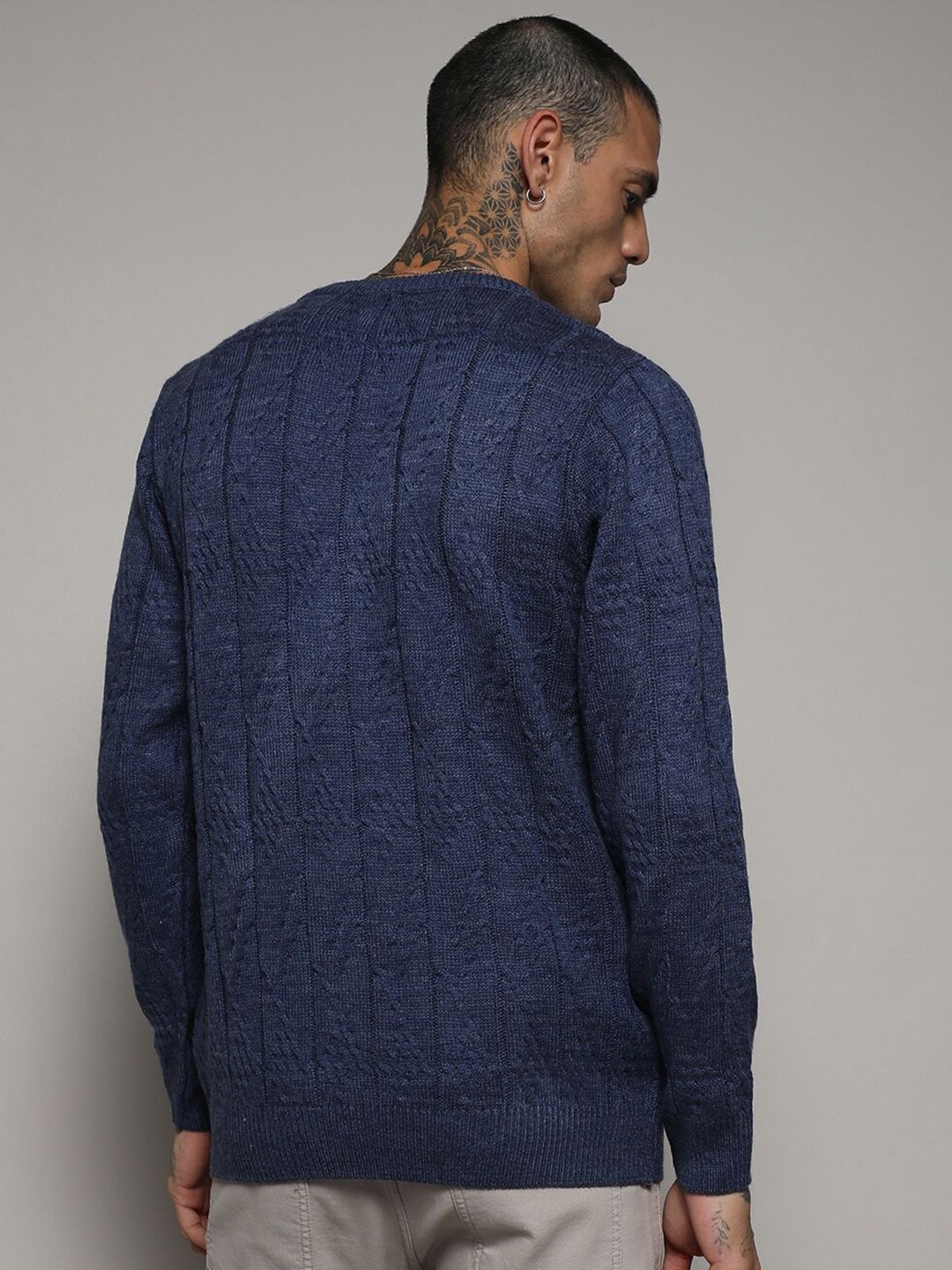 Campus Sutra Blue Cable Knit Self Design Woollen Pullover