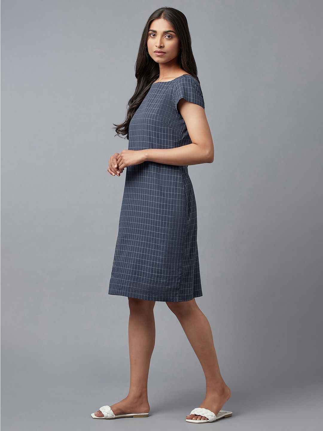 W Blue Checked Pure Cotton Sheath Dress
