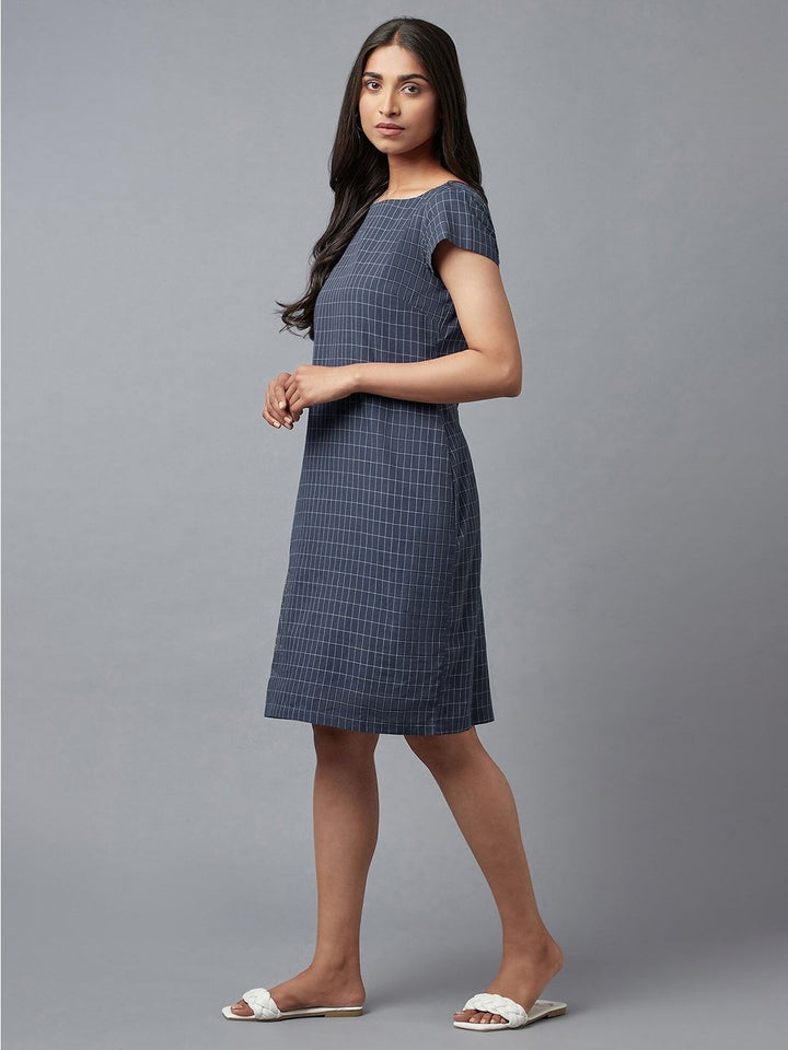 W Blue Checked Pure Cotton Sheath Dress