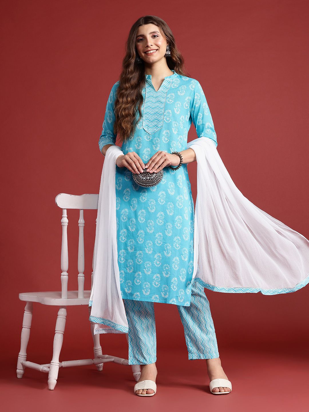 Anouk Floral Print Pure Cotton Kurta with Trousers & Dupatta