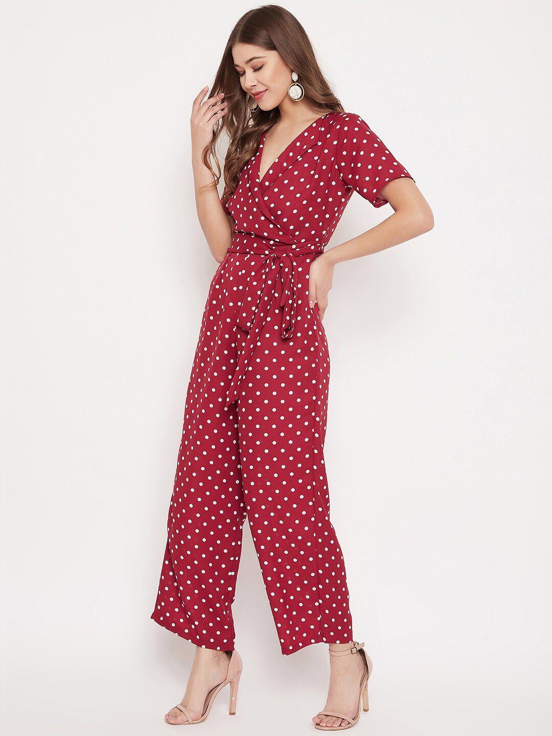 Berrylush Women Red & White Polka Dot Printed Basic Jumpsuit
