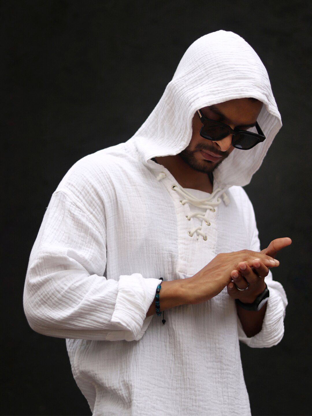 Powerlook Textured Hooded Tie-Ups Detail Indian Slim Oversize Pure Cotton Casual Shirt