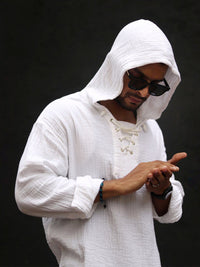 Powerlook Textured Hooded Tie-Ups Detail Indian Slim Oversize Pure Cotton Casual Shirt