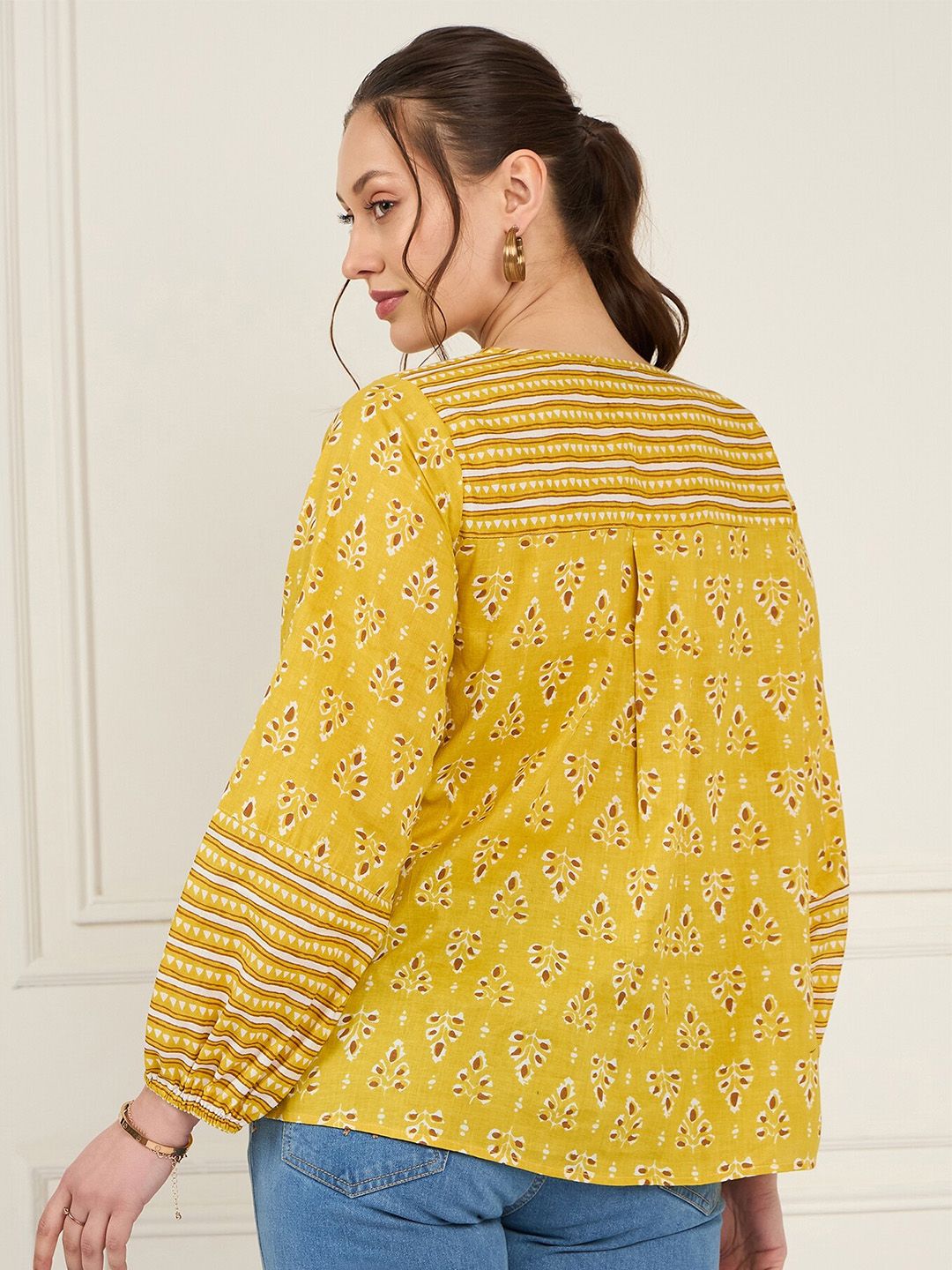 Antheaa Print Tie-Up Neck Puff Sleeve Cotton Top