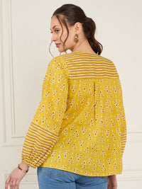 Antheaa Print Tie-Up Neck Puff Sleeve Cotton Top