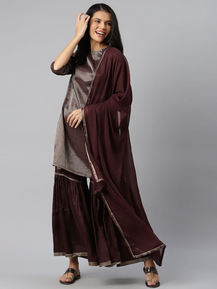 W Women Burgundy & Golden Woven Design Kurta with Sharara & Dupatta