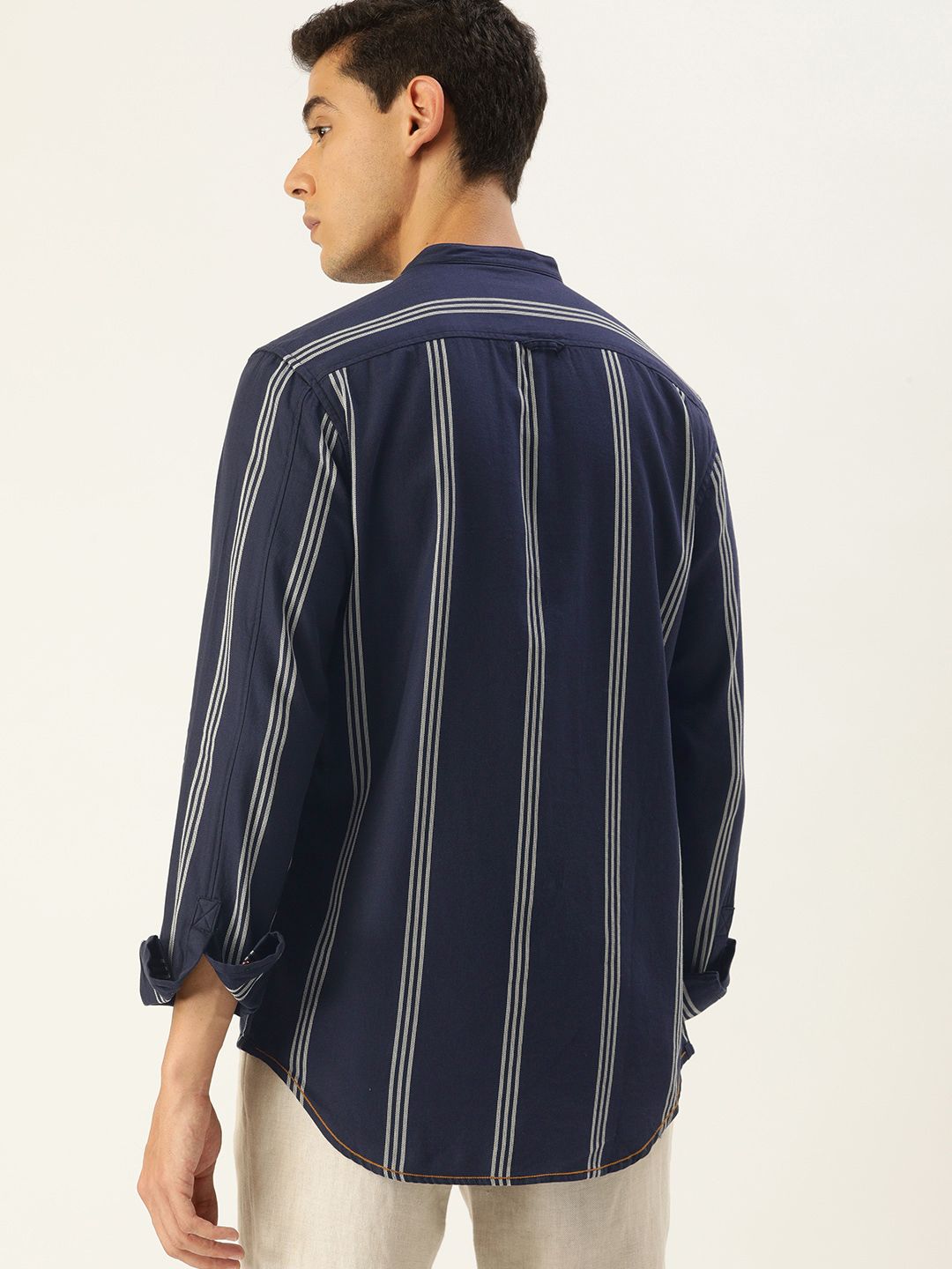 Mr Bowerbird Men Navy Blue Tailored Fit Striped Casual Shirt