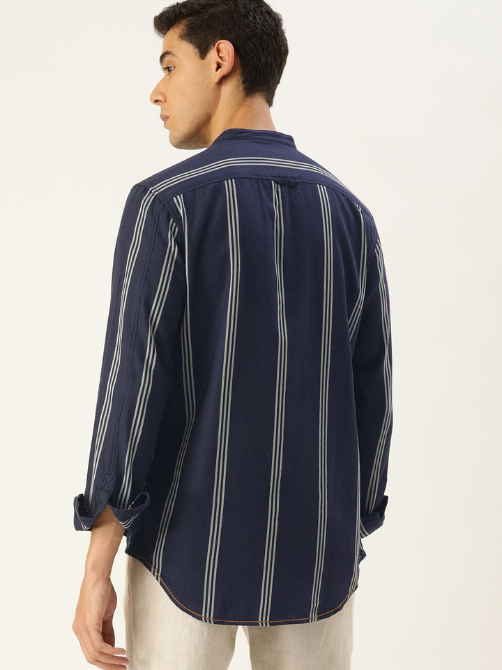 Mr Bowerbird Men Navy Blue Tailored Fit Striped Casual Shirt