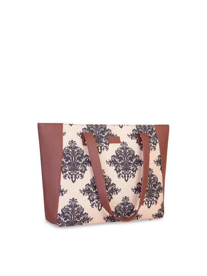 ZOUK Peach-Coloured Floral Printed Structured Tote Bag