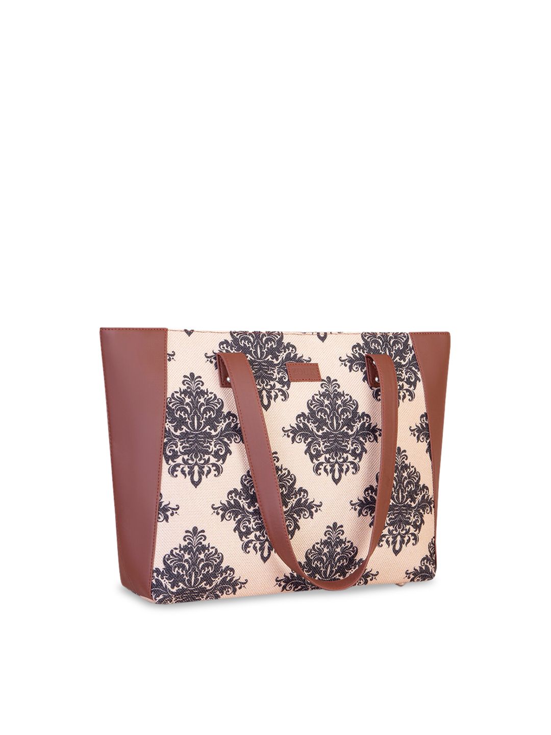 ZOUK Peach-Coloured Floral Printed Structured Tote Bag