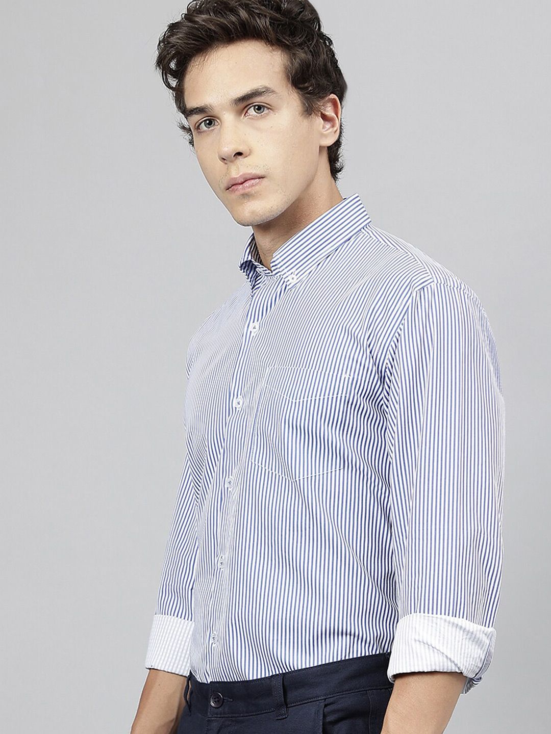 Hancock Standard Slim Fit Striped Button-Down Collar Pure Cotton Casual Shirt