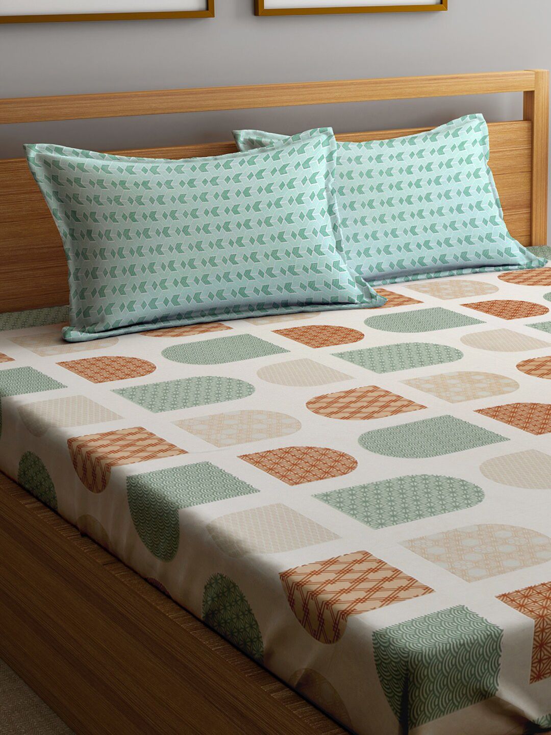 KLOTTHE CREAM & GREEN Dicetak 300TC Double King Bedsheet dengan 2 penutup bantal