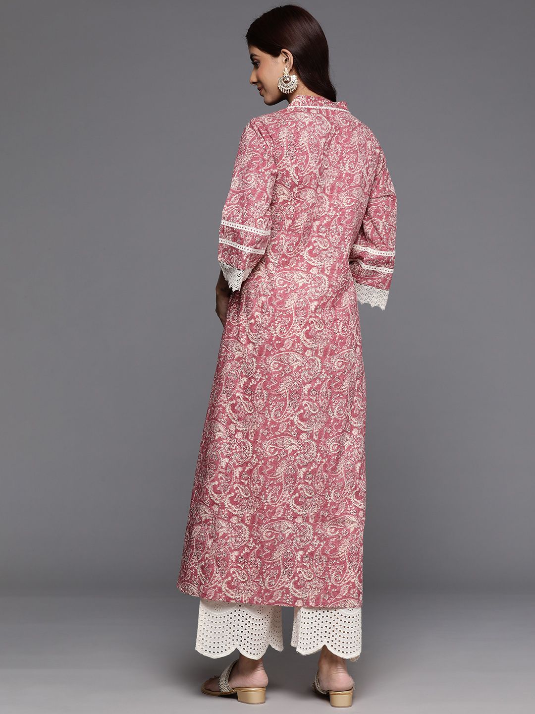 Varanga Peach Jaipuri Printed V Neck A line Pure Cotton Kurta