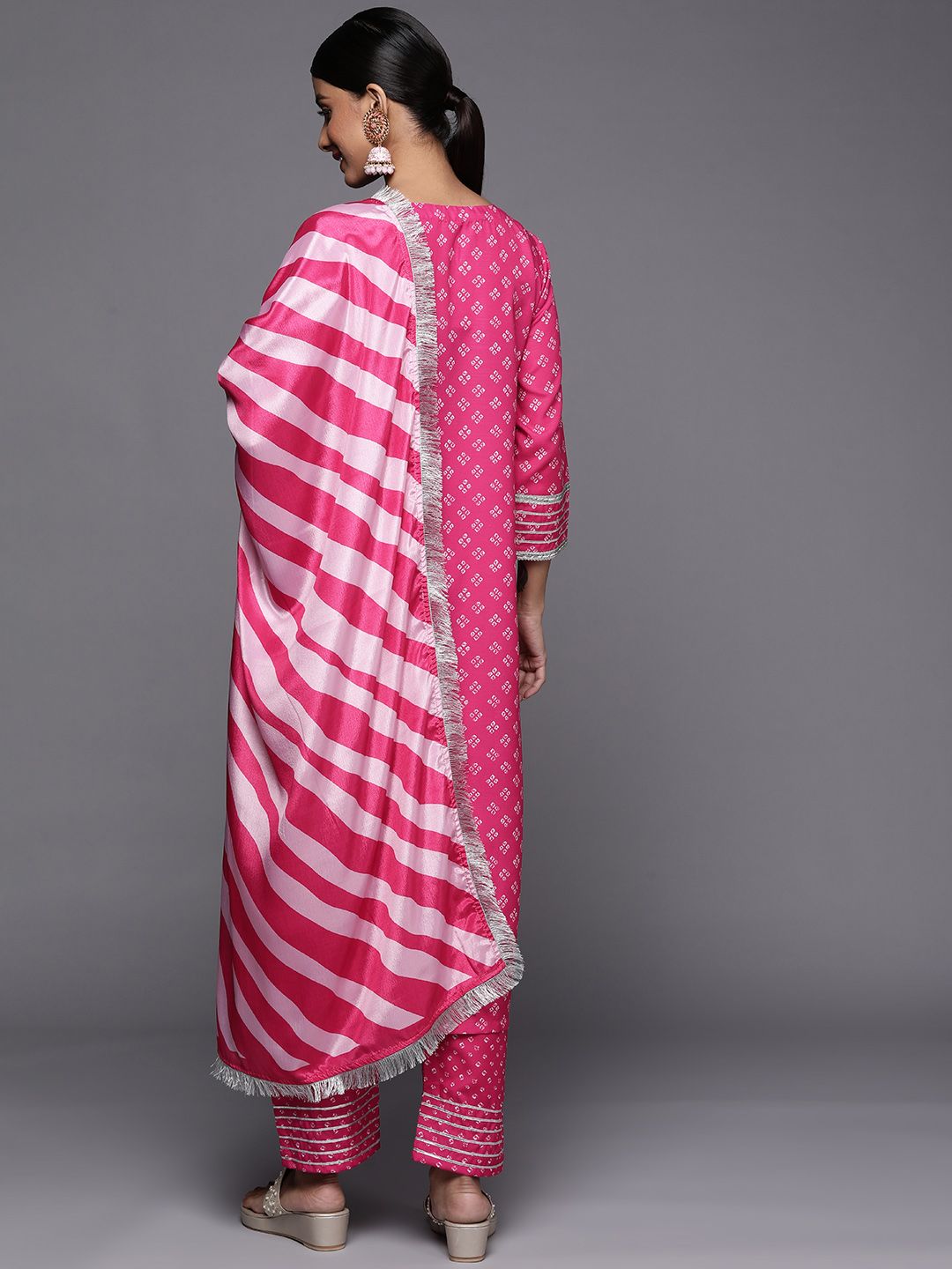 Varanga Women Pink Bandhani Printed Kurta with Trousers & With Dupatta