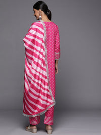 Varanga Women Pink Bandhani Printed Kurta with Trousers & With Dupatta
