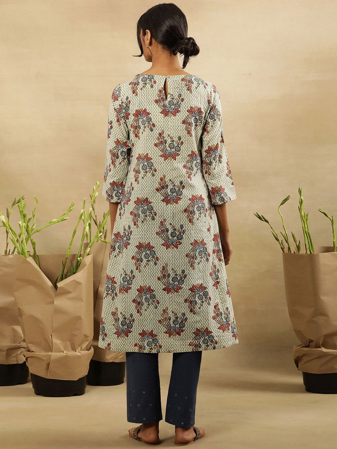 W Floral Printed Gotta Patti Cotton A-Line Kurta