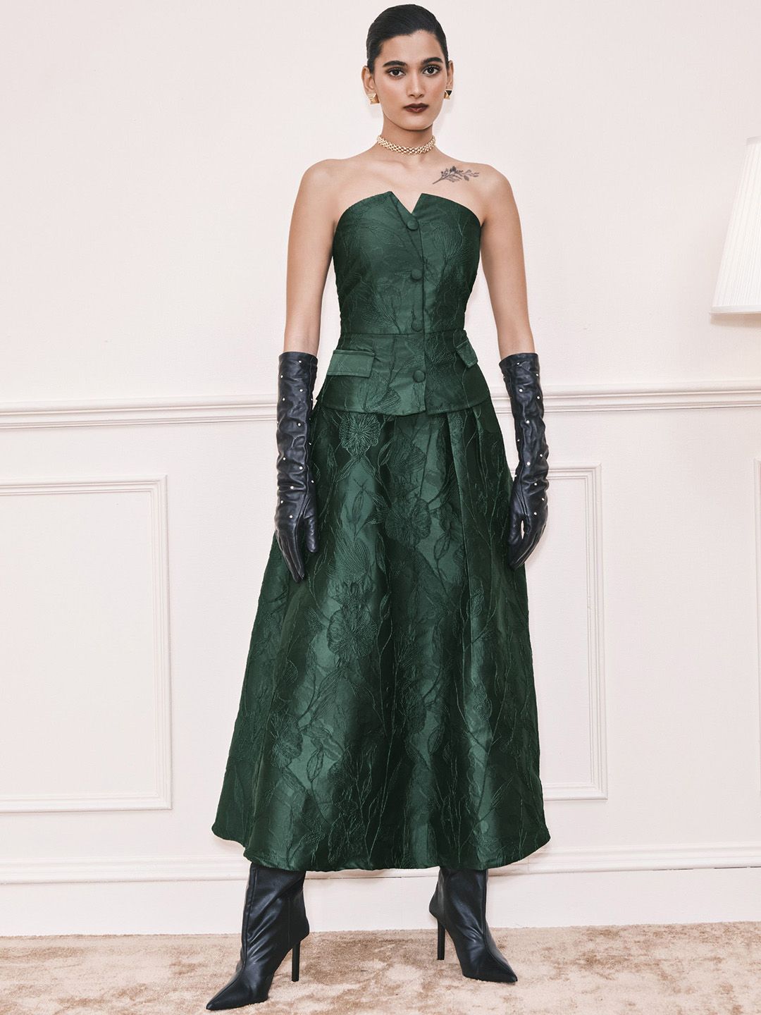 AND Floral Textured Strapless Waistcoat With Skirt