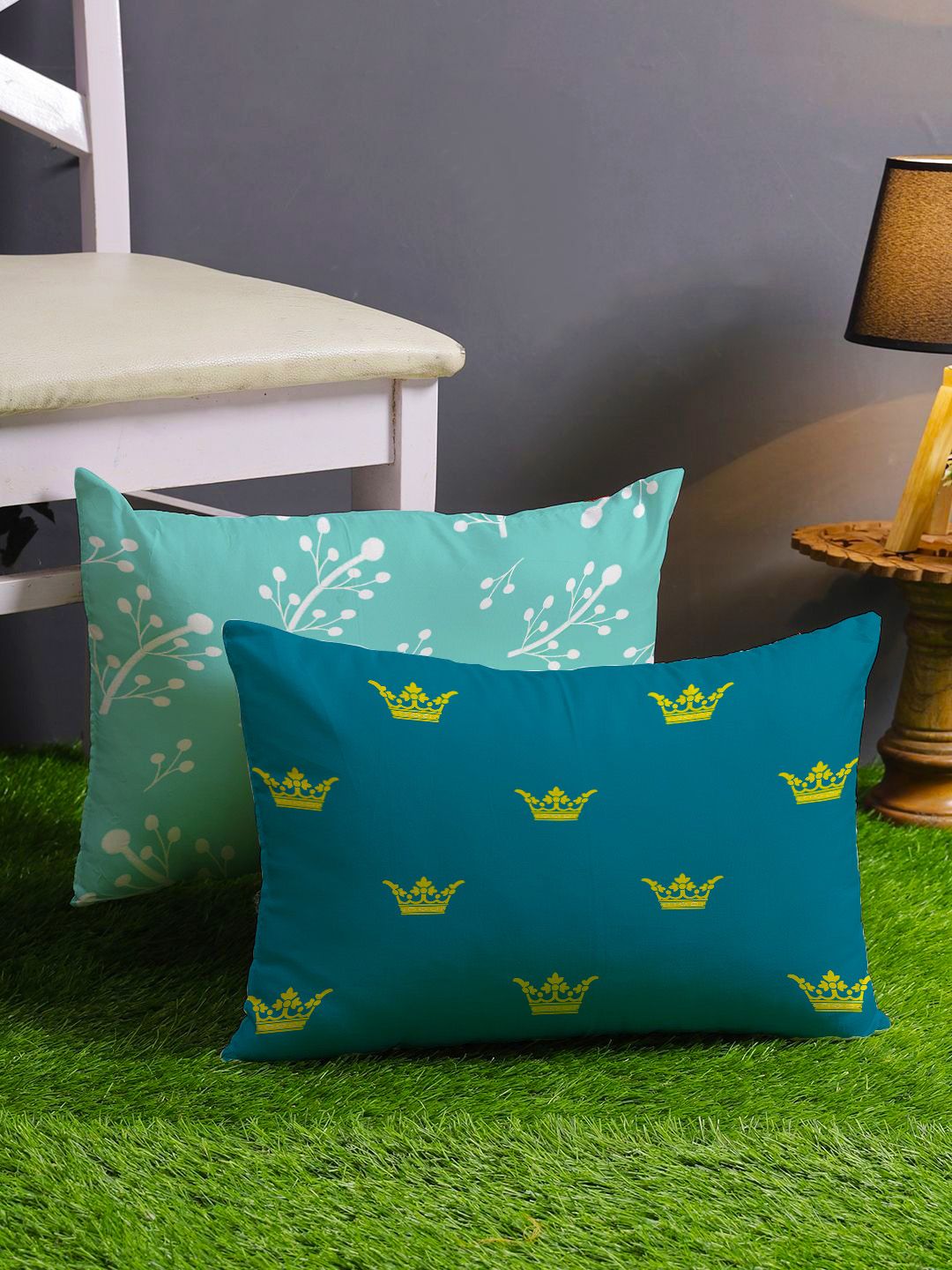 STITCHNEST Blue & Green Set of 2 Floral Rectangle Cushion Covers
