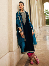 Indo Era Women Ethnic Motifs Embroidered Regular Sequinned Velvet Kurta with Trousers & With Dupatta