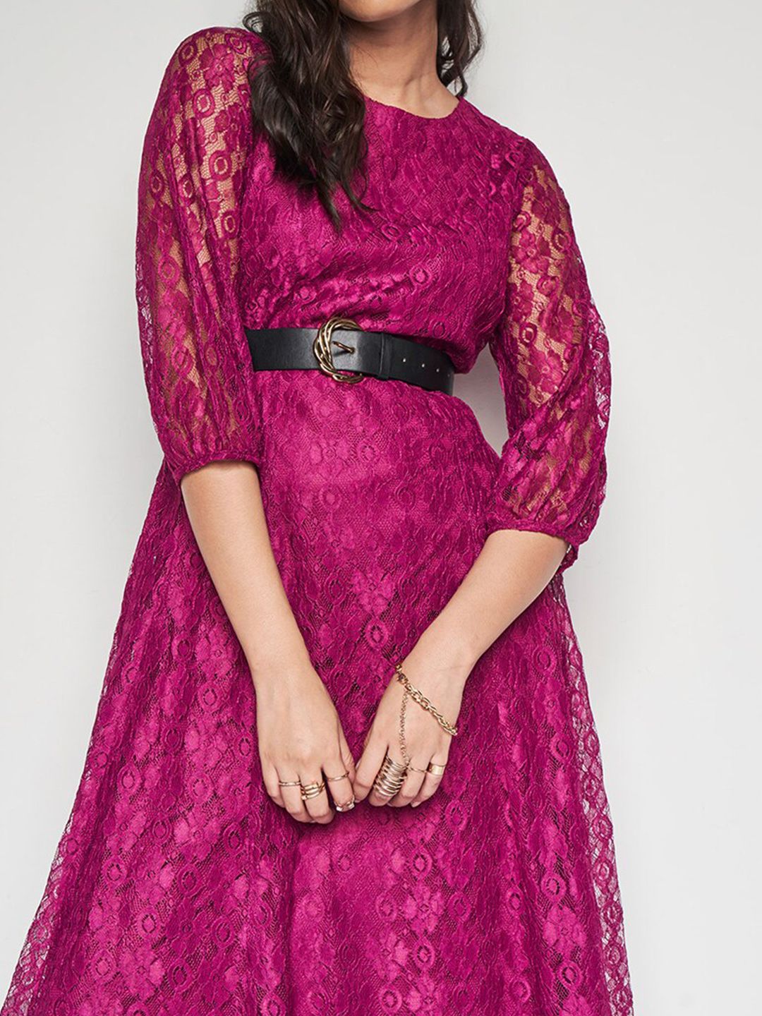 AND Self Design Round Neck Three-Quarter Sleeves Fit & Flare Dress