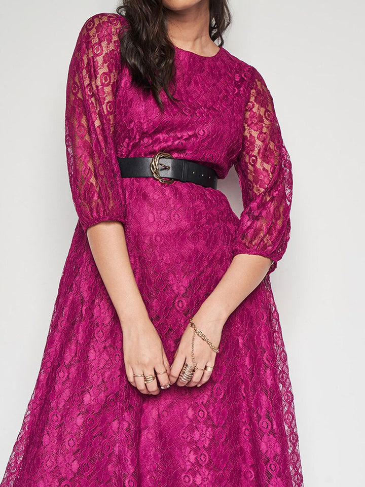 AND Self Design Round Neck Three-Quarter Sleeves Fit & Flare Dress