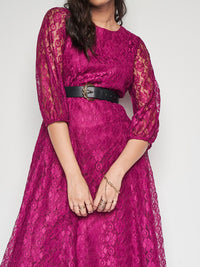 AND Self Design Round Neck Three-Quarter Sleeves Fit & Flare Dress