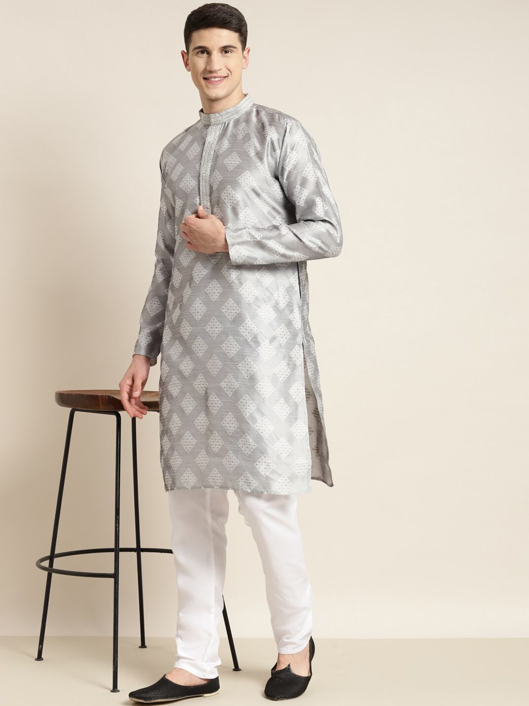 SOJANYA Motif Etnik Printed Mandarin Collar Benang Kerja Sutera Cotton Kurta