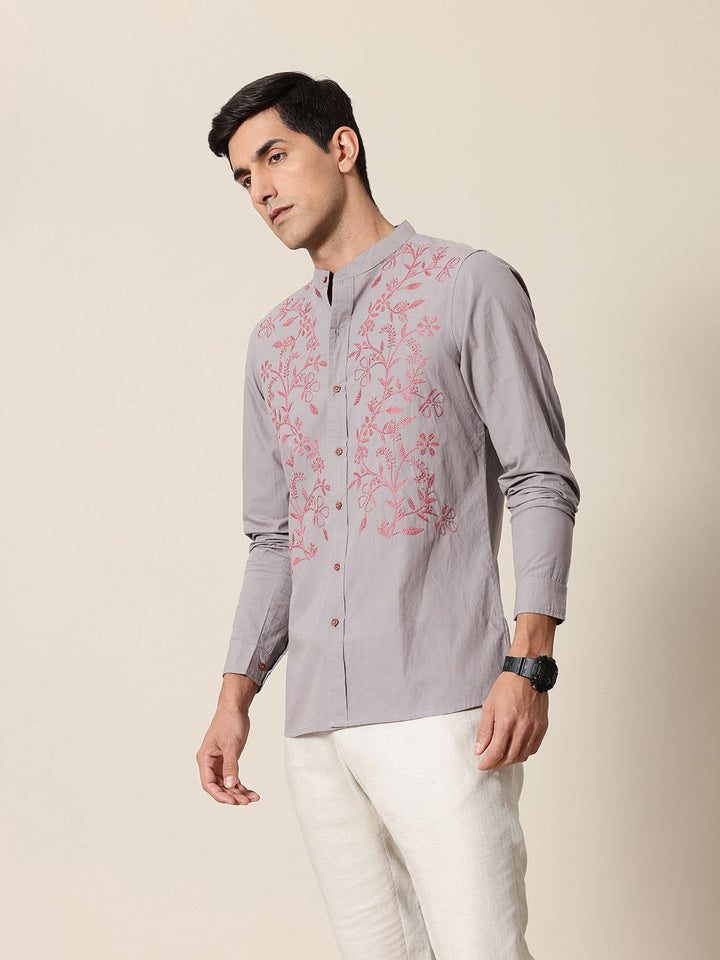 Mr Bowerbird Pure Cotton Floral Embroidered Tailored Fit Opaque Casual Shirt