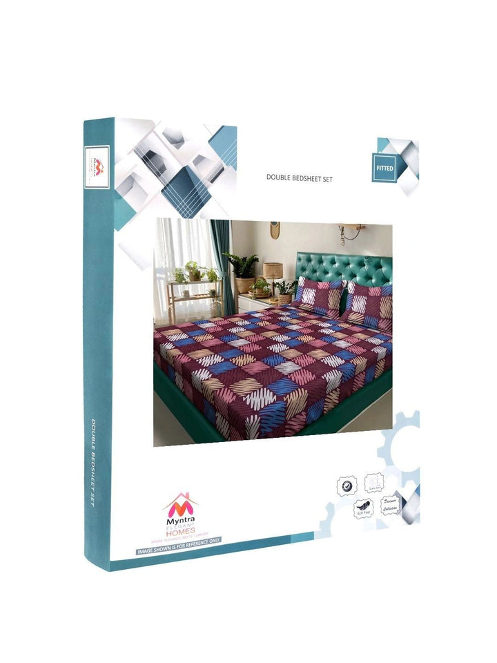 Myntra Elegant Homes Purple & Blue Geometric 300 TC King Bedsheet with 2 Pillow Covers