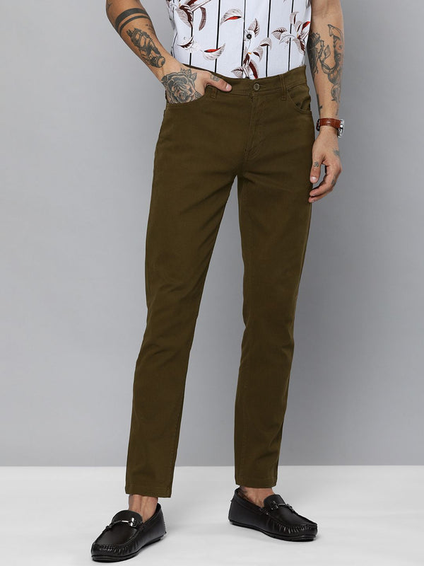 The Indian Garage Co Men Olive Brown Slim Fit Chinos Trousers