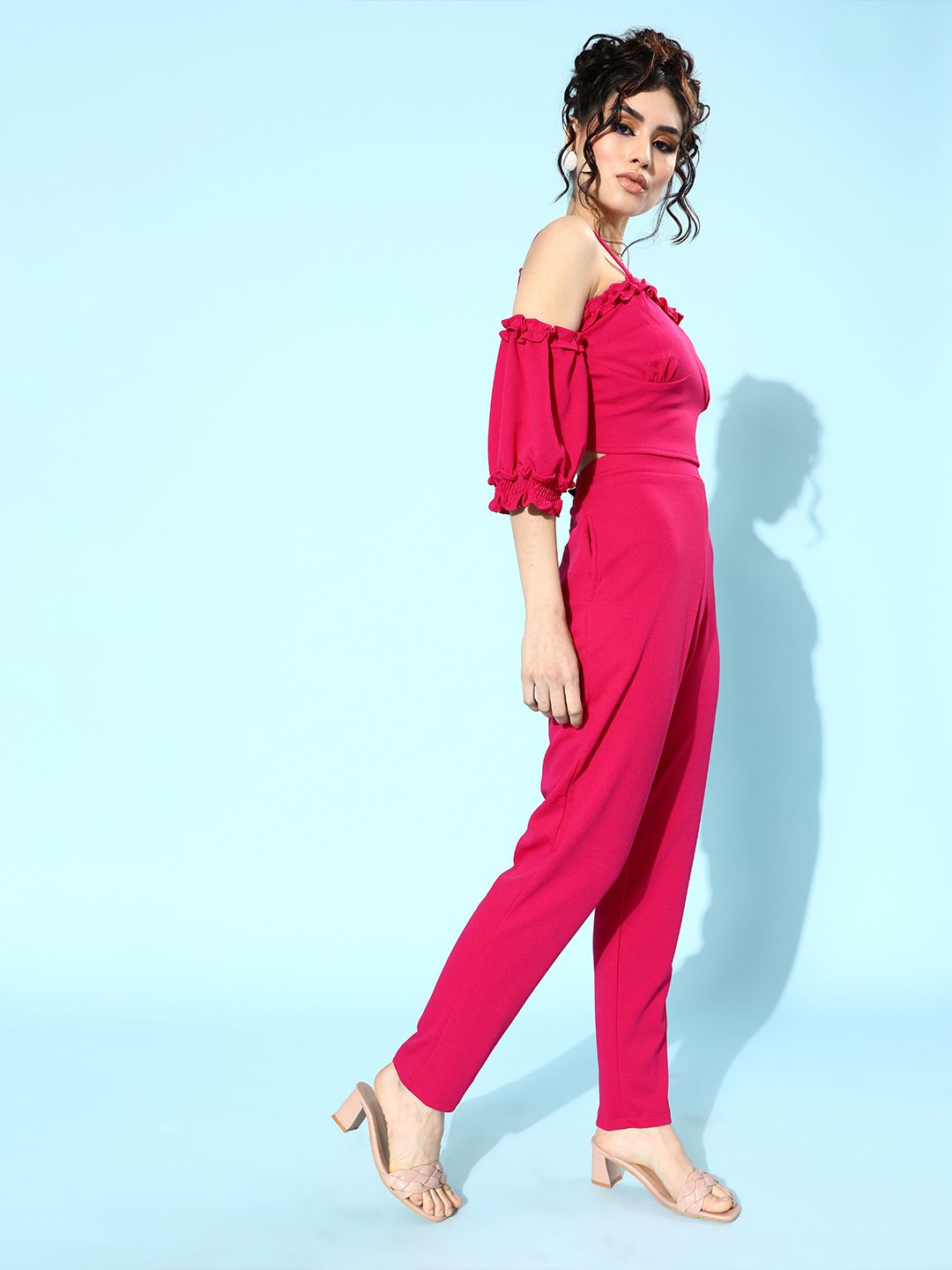 Athena Women Pink Self-Design Off-Shoulder Top with Trousers