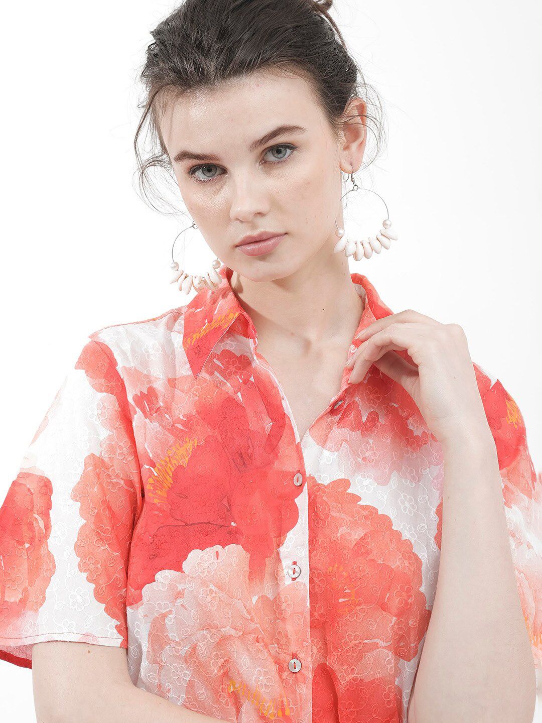 RAREISM Floral Printed Shirt Style Cotton Top