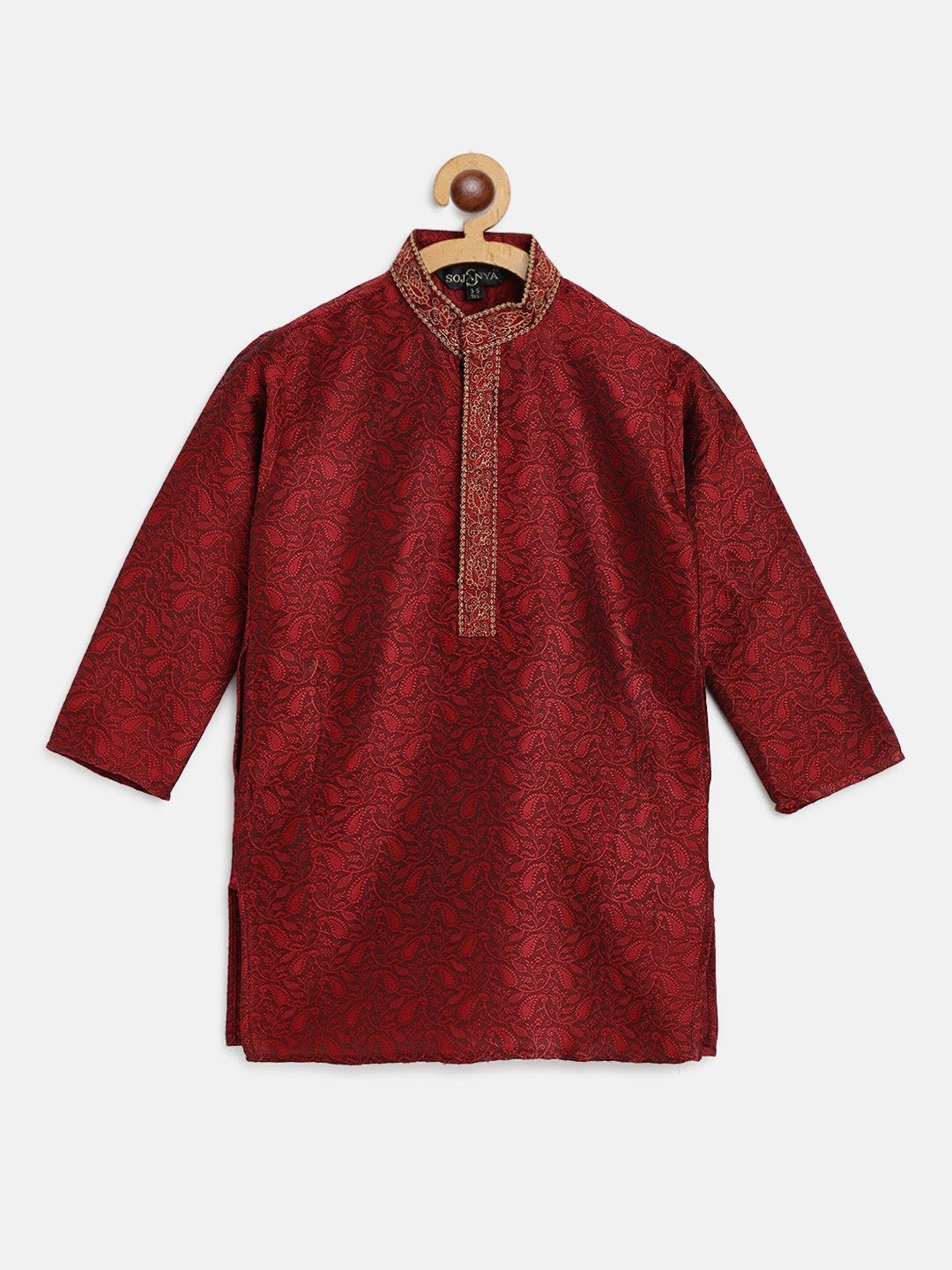 SOJANYA Boys Maroon Paisley Benang Sulam Bekerja Kurta Lurus