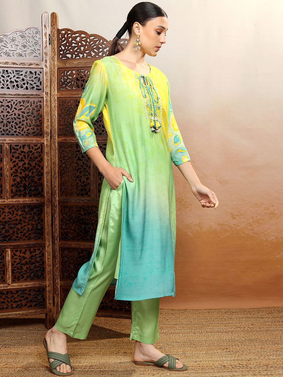 Vishudh Green Floral Yoke Design Tie-Up Neck Thread Work Kurta With Trousers & Dupatta